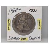 Rare 1860-O 90% Silv Seated $1 Dollar