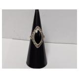.925 Sterl Marq Shape Onyx/Marcasite Ring Sz 5