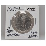 1908-S 80% Silv Philippines 1 Peso