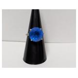 .925 Sterl Round Blue Stone Ring Sz 7