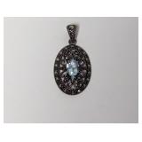.925 Sterl Oval Blue Stone/Marcasite Pendant
