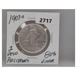 1907-S 80% Silv Philippines 1 Peso