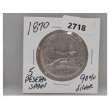 1870 90% Silv Spain 5 Pesetas
