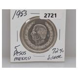 1953 72% Silv Mexico 5 Pesos