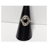 .925 Sterl Onyx Floral Motif Ring Sz 8