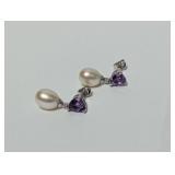 .925 Sterl Purple Stone/Faux Pearl Earrings