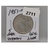 1951-F 62% Silv Germany 5 Mark