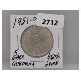 1951-D 62% Silv Germany 5 Mark