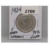 1934 90% Silv Germany 5 Mark