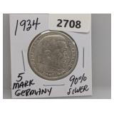 1934 90% Silv Germany 5 Mark