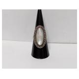 .925 Sterl Mother of Pearl Marcasite Ring Sz 8