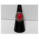 .925 Sterl Red Cabochon Cocktail Ring Sz 6