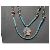 Turquoise & Red Coral Inlay Beaded Necklace