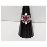 .925 Sterl Ornate Pink Stone Cocktail Ring Sz 7