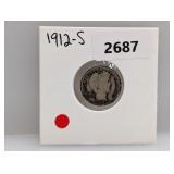 1912-S 90% Silv Barber Dime