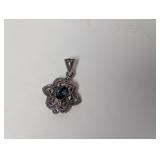 .925 Sterling Silver Marcasite Blue Stone Pendant