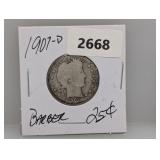 1907-D 90% Silv Barber Quarter