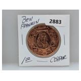 1oz .999 Copper Ben Franklin Round