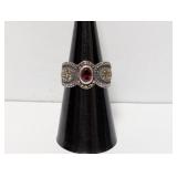 .925 Sterl Marcasite/Red Stone Cocktail Ring Sz6.5
