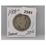 1908-D 90% Silv Barber Half $1 Dollar