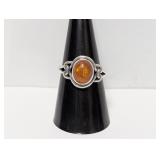 .925 Sterling Amber Cabochon Stone Ring Sz 8