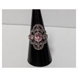 .925 Sterl Marcasite/Pink Ornate Ring Sz 8