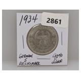 1934 90% Silv German 5 Reichsmark