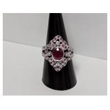 .925 Sterl Red Stone Victorian Style Ring Sz 9