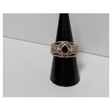 .925 Sterl Red Stone Marcasite Ornate Ring Sz 8