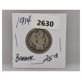 1914 90% Silv Barber Quarter