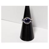 .925 Sterling Blue Stone & Diamond Ring Sz 5