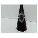 .925 Sterling Marcasite & Green Stone Ring Sz 7