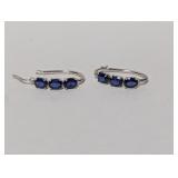 .925 Sterling Blue Tri Stone Hoop Earrings