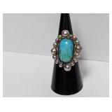 .925 Sterling Turquoise Ring Bubble Halo Adj