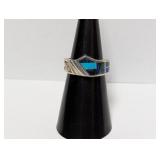 .925 Sterl Turquoise/Blue Stone Inlay Ring Sz 6