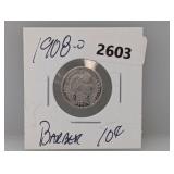 1908-O 90% Silv Barber Dime