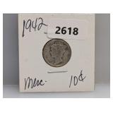 1942 90% Silv Mercury Dime