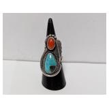 .925 Sterling Turquoise/Coral Ring Sz 7.5