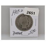 1907-D 90% Silv Barber Half $1 Dollar