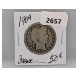 1909 90% Silv Barber Half $1 Dollar