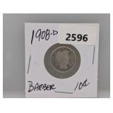 1908-D 90% Silv Barber Dime