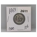 1943 90% Silv Mercury Dime