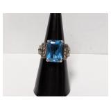 .925 Sterl Blue Stone/Marcasite Ring Sz 6.5