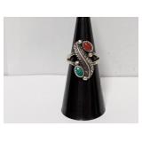 .925 Sterling Turquoise & Red Coral Ring Sz 5.5
