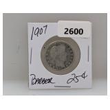1907 90% Silv Barber Quarter