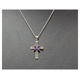 .925 Marcasite & Purple Stone Cross Necklace