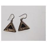 .925 Black Stone Inlay Triangle Dangle Earrings