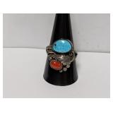 .925 Sterling Turquoise & Red Coral Ring Sz 10