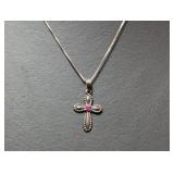 18" .925 Sterling Cross Necklace Pink/Red Stone