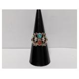 .925 Sterl Turquoise/Coral Ring Sz 7.5
